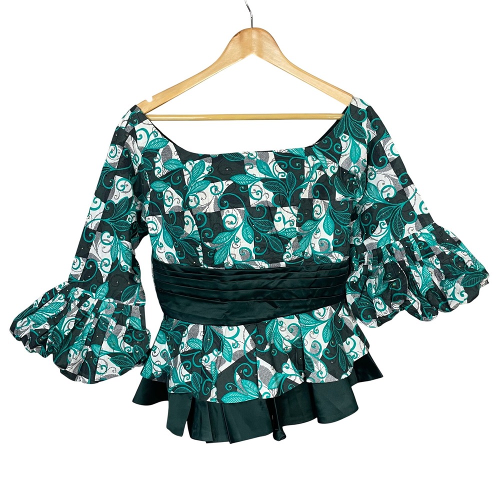 African Peplum Top Handmade Green Leaf Print Blouse FLAWS Rhinestone Statement